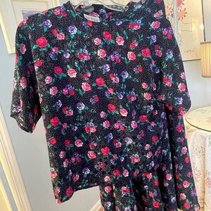 Floral pink and purple on a dark background make a smashing top/skirt ensemble